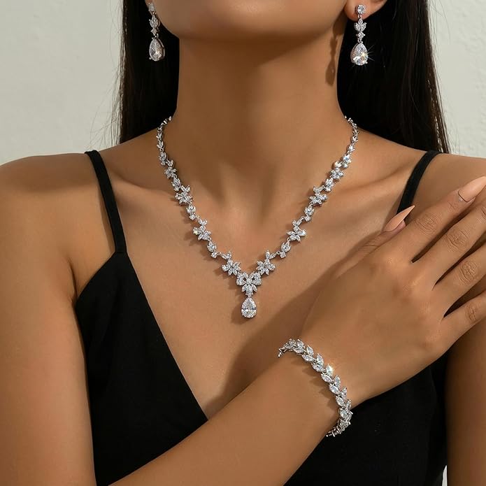 Hadskiss Jewelry Set for Women, Necklace Dangle Earrings Bracelet Set with White AAA Cubic Zirconia, Allergy Free Wedding Party Jewelry for Bridal Bridesmaid