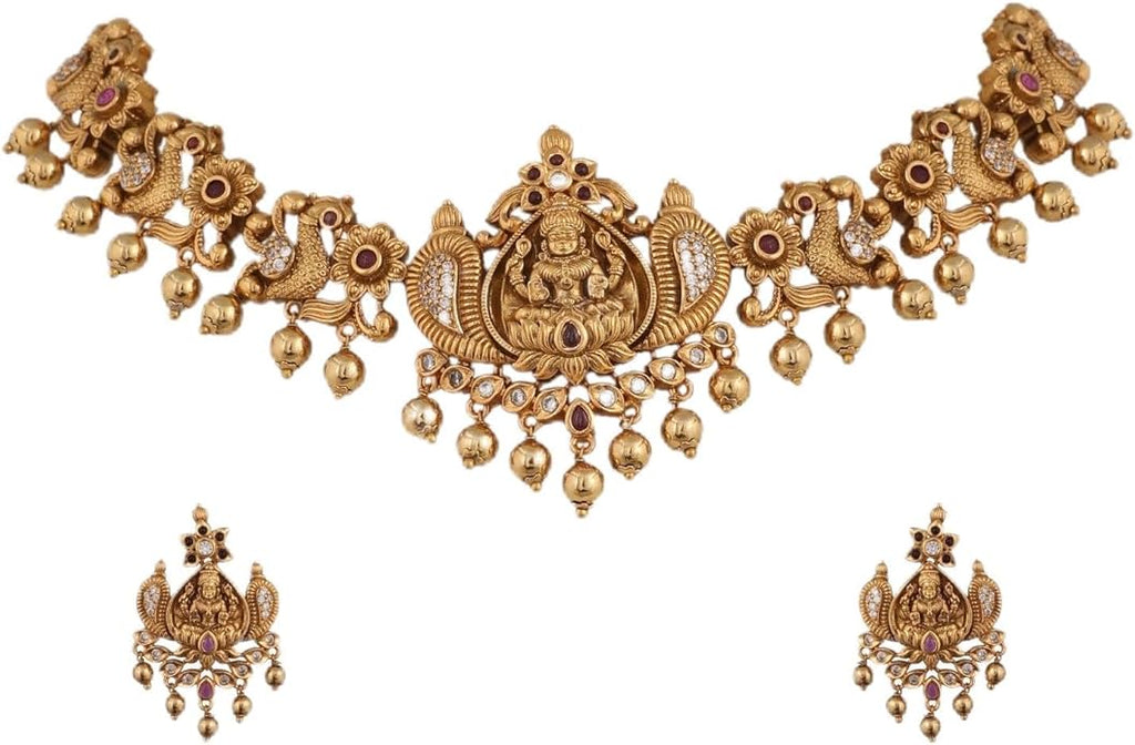 TARINIKA Brass Indian Choker Necklace Set - Gold Plated Cubic Zirconia Indian Jewelry Sets for Women Dangle, Drop, Jhumka Earrings Traditional Desi Necklace Pearls Gift for her