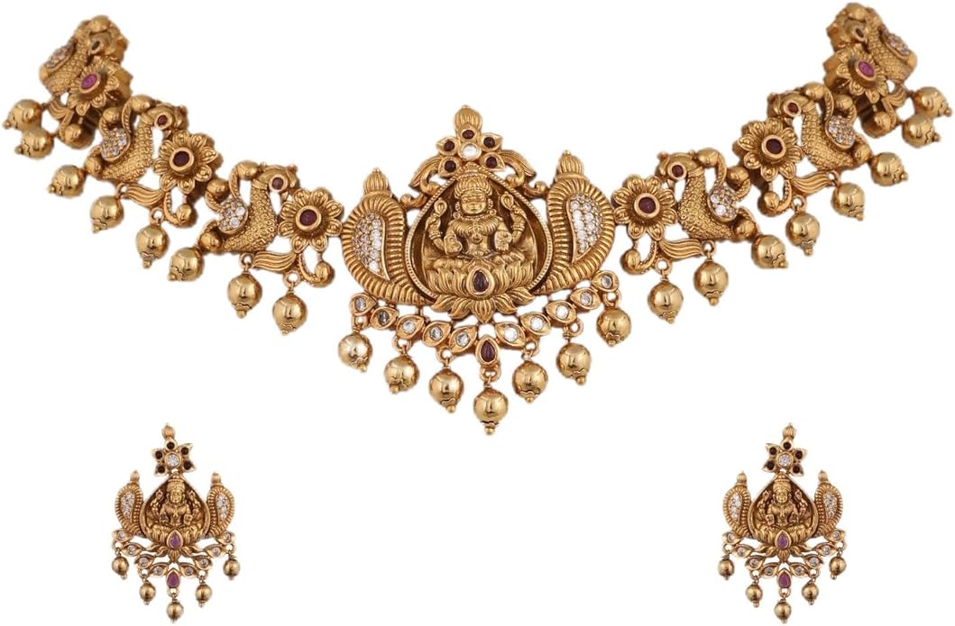 TARINIKA Brass Indian Choker Necklace Set - Gold Plated Cubic Zirconia Indian Jewelry Sets for Women Dangle, Drop, Jhumka Earrings Traditional Desi Necklace Pearls Gift for her