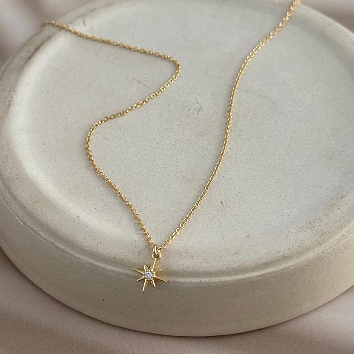 Annika Bella Sterling Silver Star Necklace for Women, Length 15-17 Inches, Tiny Cubic Zirconia North-Star Charm Pendant Necklace, Waterproof, Celestial Jewelry Gift for Her