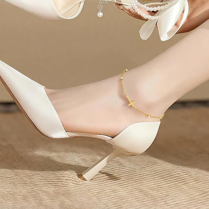 Gold Anklets for Women Ankle Bracelets for Women 14K Gold Anklets Bracelets for Womens Golden Anklet Cross Ankle Bracelet Spaced Evenly Cubic Zirconia Cross Anklet Bracelet for Womens Ankles 9.5+1.5in