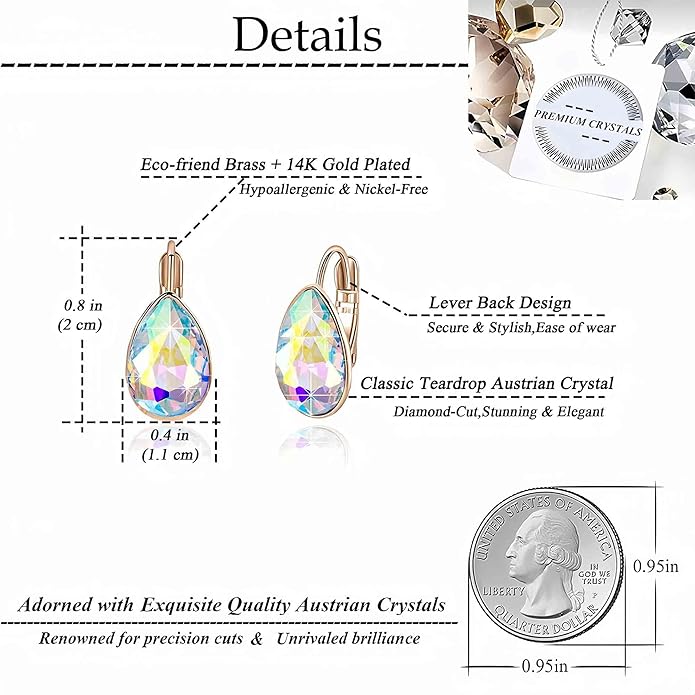 Teardrop Austrian Crystal Leverback Drop Earrings for Women 14K Rose Gold Plated Hypoallergenic Jewelry
