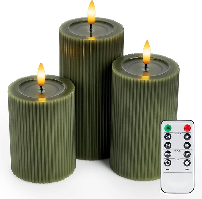 Ribbed Fluted Real Wax Flameless LED Pillar Candles, Loden Sage Olive Green - Image 8