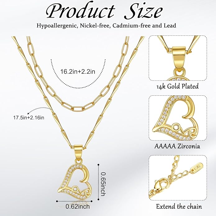 Heart Necklaces for Women 14K Gold Plated Layered Necklace Set with Cubic Zirconia Heart Pendant, Dainty Stackable Choker Chain, Gift for Her