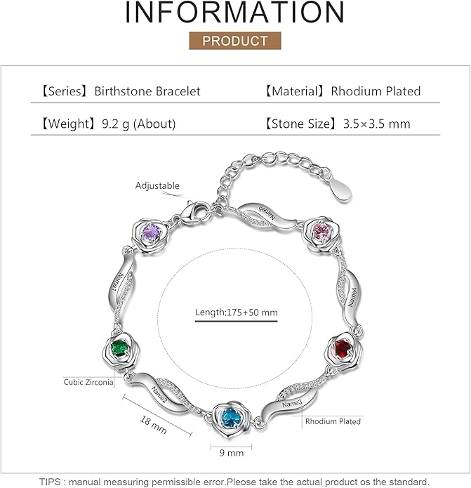 Personalized Simulated Birthstone Bracelets Adjustable Rose Flower Chain Charm Bracelet with 1-5 Name Initial Engraved for Women Mom Christmas Gifts