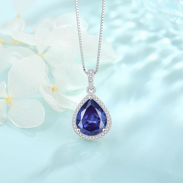 FJ Teardrop Pendant Necklace 925 Sterling Silver Birthstone Jewelry Gifts for Women