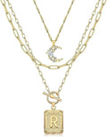 MJartoria Layered Initial Necklaces for Women Trendy, 14K Gold Plated Brass Simple Moon Choker Square Letter Pendant Necklace, Paperclip Chain Necklaces Jewelry Gifts