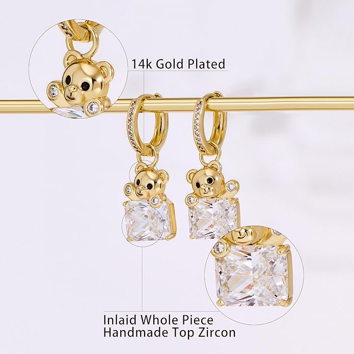 YOIHUR Cute Gold Hoop Earrings for Valentine's Day, 14K Gold Plated Hypoallergenic Jewellery CZ Huggie Drop Earrings, Bear Butterfly Ladybug Joker Heart Pendants Earring Jewelry Gifts for Women