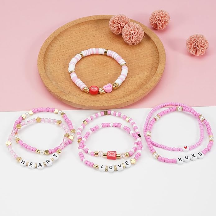Beaded Bracelet for Women Pink Love Heart Stretch Bracelets Accessories