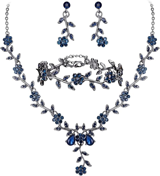 BriLove Women's Wedding Jewelry Leaf Cluster Flower Crystal Dangle Earrings Pendant Necklace Set for Bridal