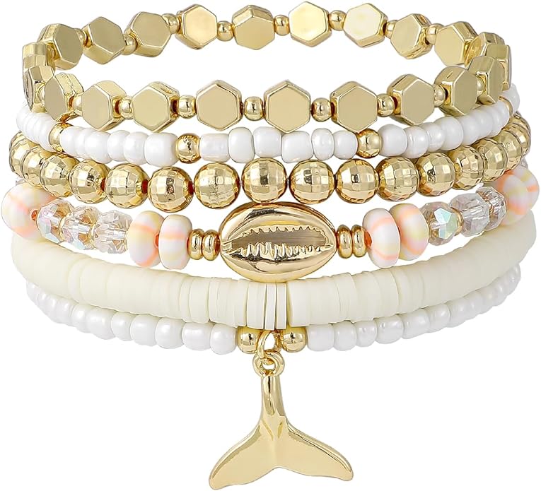 Shell Bracelet Seashell Boho Beaded Stretch Bracelets for Women Summer Beach Bracelets Starfish Charm Bracelet Stackable Gold Plated Bracelets Set for Women