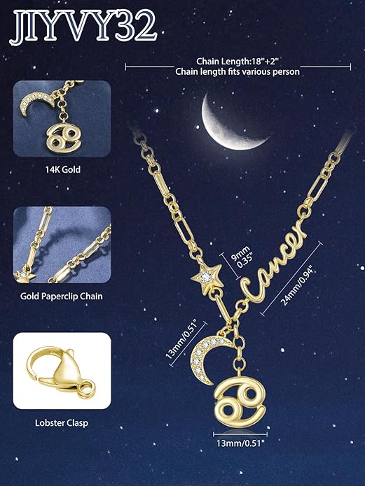 14K Gold/Rose Gold Zodiac Necklace for Women - Horoscope Constellation Pendant with Moon and Star, Luxury Birthday Gifts Jewelry for Her (12 Zodiac Signs)