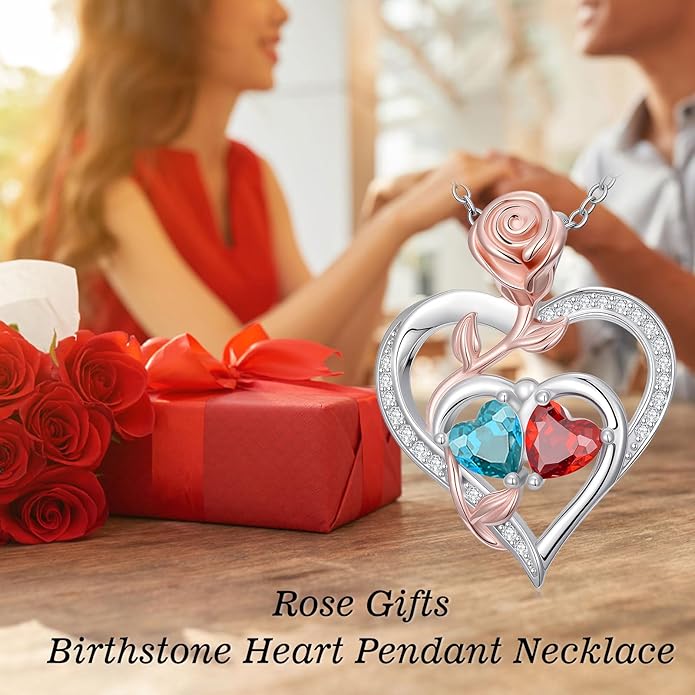 Rose Flower Heart Pendant for Women Birthday Gifts 18k Gold Plated Mother Daughter Necklace with 12 Months Birthstone Christmas Valentines Day Gifts for Her Mom Anniversarry Jewelry for Mom Wife Girlfriend