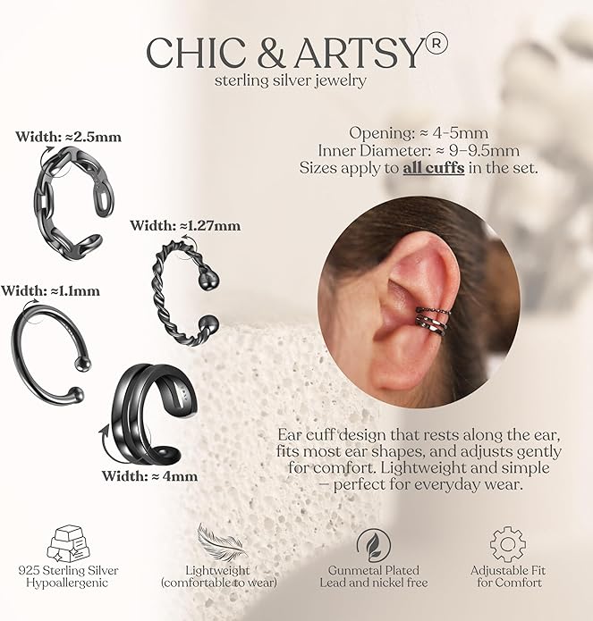 CHIC & ARTSY 925 Sterling Silver Ear Cuffs for Women, Non Piercing Clip On Cartilage Cuffs, Adjustable Fake Conch & Helix Earrings, Gold Plated & Oxidized Various Styles