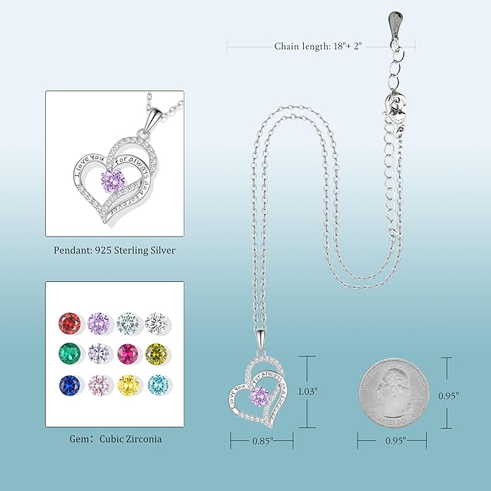 Birthday Gifts Double Heart Birthstone Necklace for Women, S925 Sterling Silver Pendant Necklace Jewelry for Her Mother Mom Wife Girlfriend