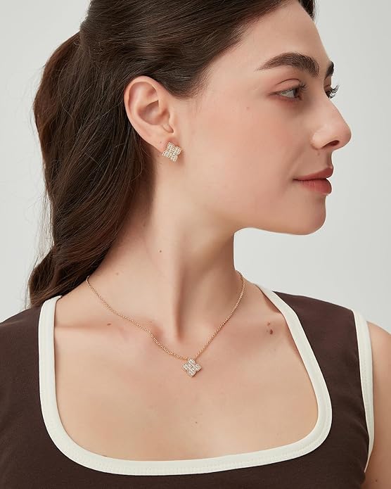 COBI Jewelry Set for Women, 18K Gold & Rhodium Plated CZ Necklace & Earrings, Clover Halo Infinity Solitaire Feather Designs, Dainty Crystal Pendant Sets, Trendy Fashion Gifts for Her