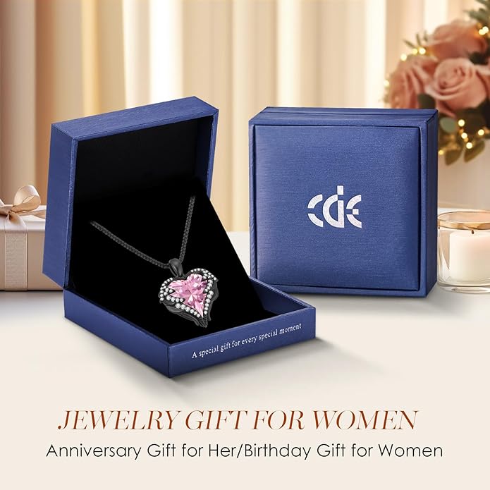 CDE Valentines Day Gifts for Women Angel Wings Necklace for Women with Birthstone, Love Heart Silver Tone/Gold Tone Pendant, Ideal Anniversary or Birthday Jewelry Gifts for Wife Girlfriend Her