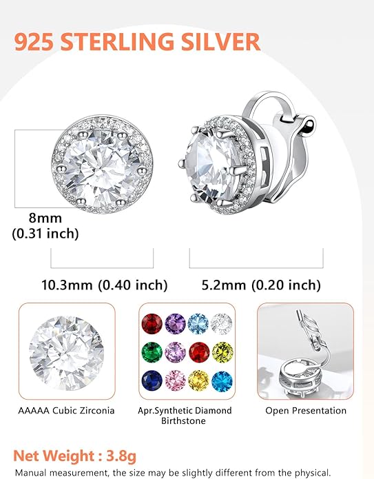 Silvora 925 Silver 8MM Cubic Zirconia Birthstone Clip On Stud Earrings Round Non Pierced Earrings For Women,Come with Box