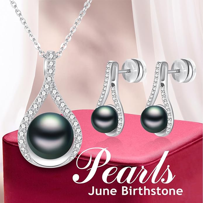 Pearl Necklace and Earring Set for Women- 925 Sterling Silver Adjustable Jewelry Set, White Gold /14K Gold Plated Infinity Black White Pearl Jewelry Set Anniversary Birthday Gifts for Her