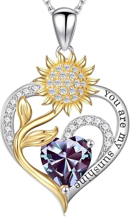 Iefil Valentines Day Gifts for Her - Sunflower Heart Birthstone Necklace Gifts for Women, Anniversary Birthday Gifts for Her 925 Sterling Silver Necklace You Are My Sunshine Jewelry for Wife Mom