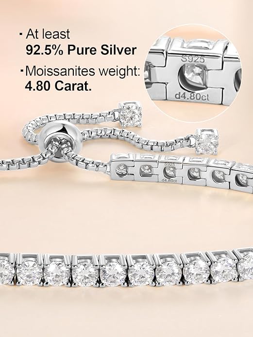 2mm/3mm Moissanite Adjustable Tennis Bracelet for Women, Authentic Solid 925 Sterling Silver, 5.5-7.5inch (14-19cm) with 2cm Extender Chain, Birthday Valentines Wedding Anniversary Ideal Gift for Her