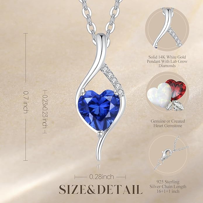 FANCIME 14K Solid White Gold Birthstone Necklace Genuine or Created 6mm Heart Gemstone Pendant with Lab Grow Diamonds Sterling Silver Chain Fine Jewelry Anniversary Birthday Gifts for Women 16" + 2"