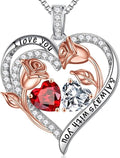 Iefil Valentines Day Gifts for Her - 925 Sterling Silver Rose Heart Birthstone Necklace Birthday Anniversary Jewelry Gifts for Her Wife Mom Daughter