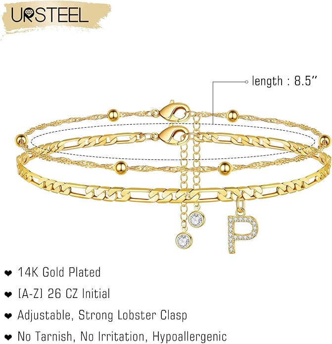Ursteel Ankle Bracelets for Women, 14K Gold Plated Dainty Layered Chain CZ Initial Anklets Summer Jewelry Gifts for Women