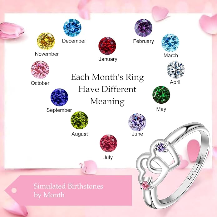 Personalized Heart Birthstone Rings for Women with 2 Birthstones Custom Name Rings for Couple Mother Daughter Jewelry Gift for Mother Her Christmas
