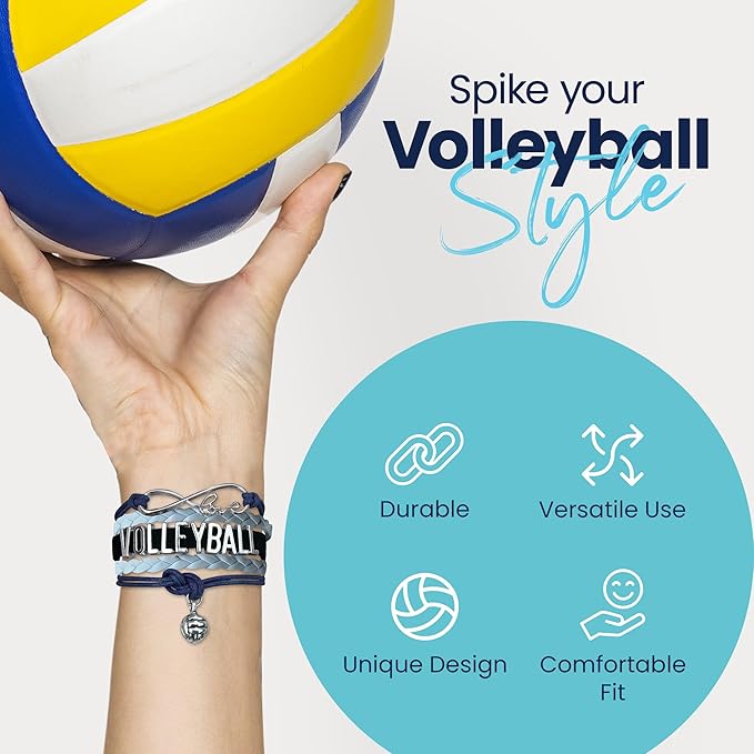 Volleyball Bracelets For Girls- Ideal Volleyball Gifts & Souvenirs. Adjustable Charm Bracelet with Moveable Letters, Infinity Symbol & Silver Volleyball Charm. Fashionable Bracelets by SportyBella.