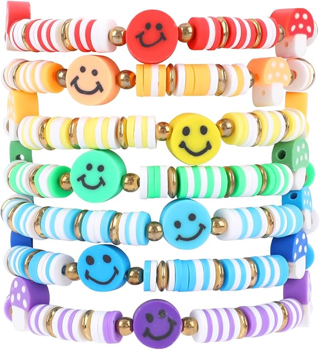 Bohemian Colorful Beaded Bracelets for Women Boho Stackable Natural Stone Letter Clay Glass Beads Stretch Bracelet Set with Charm, Cute Rainbow Friendship Bracelets for Summer Vacation