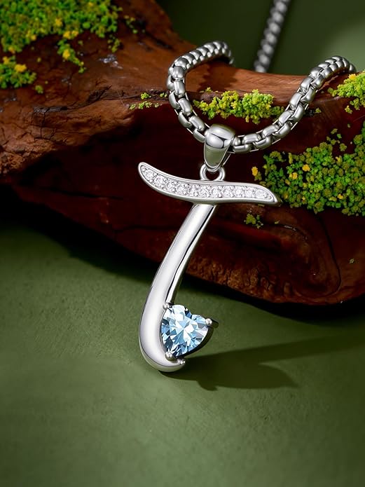 Valentines Day Gifts for Women Alphabet A to Z Initial Birthstone Pendant Necklaces for Women - 18k White Gold Plated Personalized Name Jewelry Valentine Mothers Day Birthday Gifts for Women Her Girlfriend