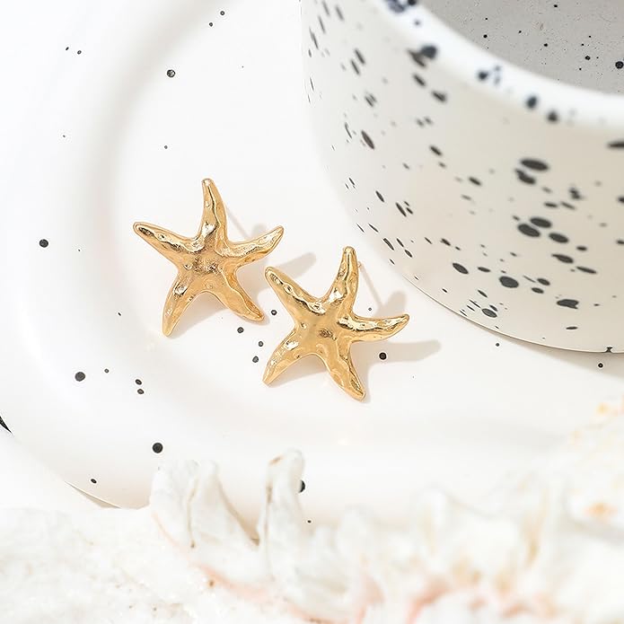 Gold Starfish Earrings for Women Trendy Dainty Starfish Statement Stud Earrings Hypoallergenic Summer Beach Ocean Coastal Jewelry