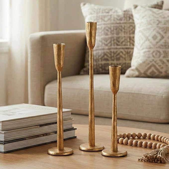 Gold Iron Taper Candle Holder Set of 3, Heavy Wrought Iron Candlestick Holders - Image 3