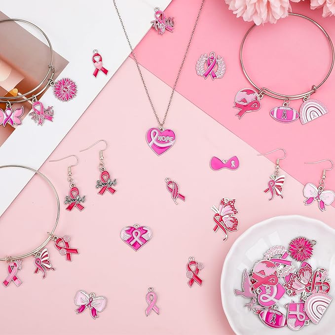 MARFOREVER 40 Pcs/20 Pairs Breast Cancer Awareness Charms, Pink Ribbon Charm Hope Ribbon Pendants for Bracelet Necklace Earrings Making Accessories for Jewelry Making