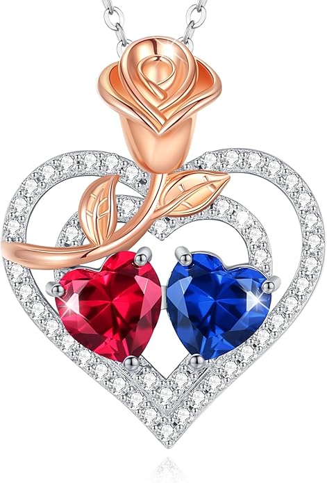 AGVANA Valentines Day Gifts Birthstone Necklace for Women Sterling Silver Rose Flower Heart Double Birthstone Jewelry Pendant Necklace Anniversary Birthday Gifts for Women Mom Wife Girlfriend Her