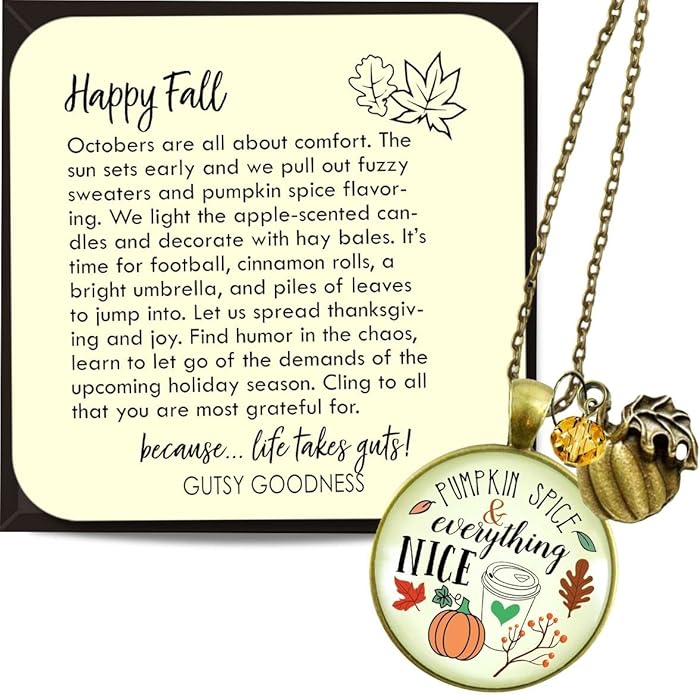 Gutsy Goodness Autumn Necklaces Fall October Theme Pumpkin Spice Halloween Thanksgiving Themed Pendant Message Jewelry