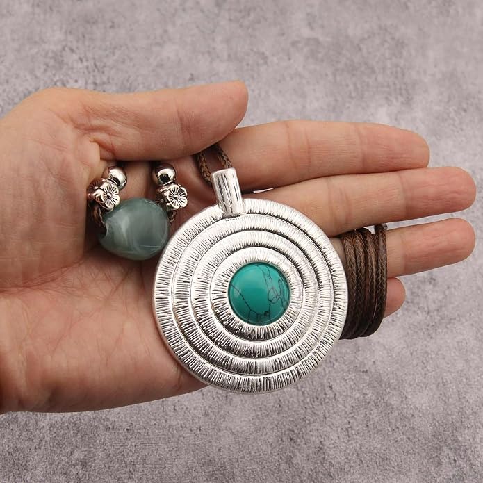 Boho Necklaces for Women Chunky Circle Necklace Layered Boho Circle Leather Choker Necklace Long Vintage Necklaces Bohemian Jewlery Gifts