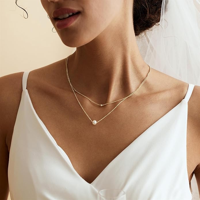Pearl Necklaces for Women-14k Gold Plated Layered-Single Pearl Necklace Simple Pearl Choker Necklaces for Women Trendy Cute Gold Necklace Jewelry for Women Gifts