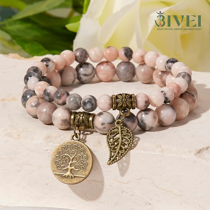 Bivei Natural Semi Precious Gemstone beads bracelet for women - Life Tree and Leaf Charm Energy Reiki Crystal Stretch Bracelets
