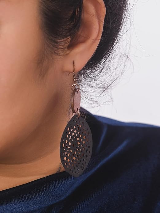 MINACHI Bohemian Hollow Cut-Out Wood Leather Dangle Drop Earrings, Boho Chic Hippie Statement Jewelry Gift for Women