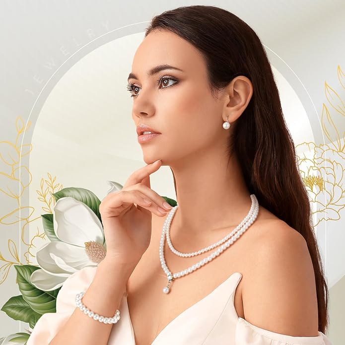 Glenmal Pearl Rhinestone Jewelry Set for Women Pearl Necklace Bracelet Earrings for Wedding Birthday Bridal Shower Tea Party