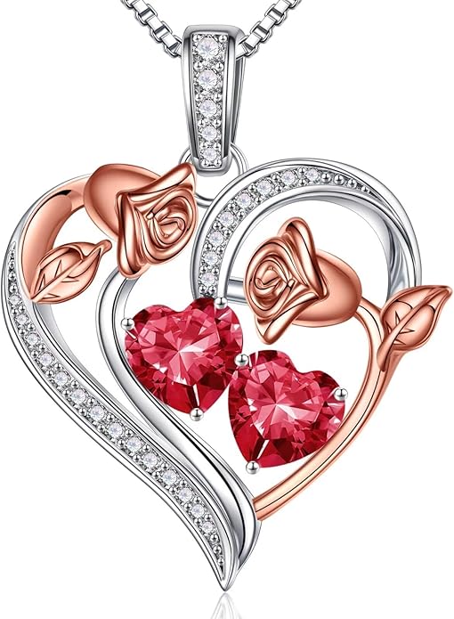 Iefil Valentines Day Gifts for Her - 925 Sterling Silver Rose Heart Necklace, Birthstone Jewelry, Anniversary Birthday Gifts for Wife Girlfriend Mom Daughter