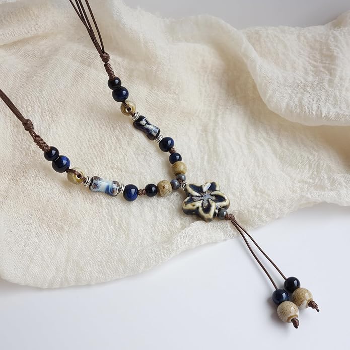 Boho Style Colorful Ceramic Bead Strand Necklace Adjustable Bohemian Jewelry Gift for Women, Fashion Clothing Matching Necklace