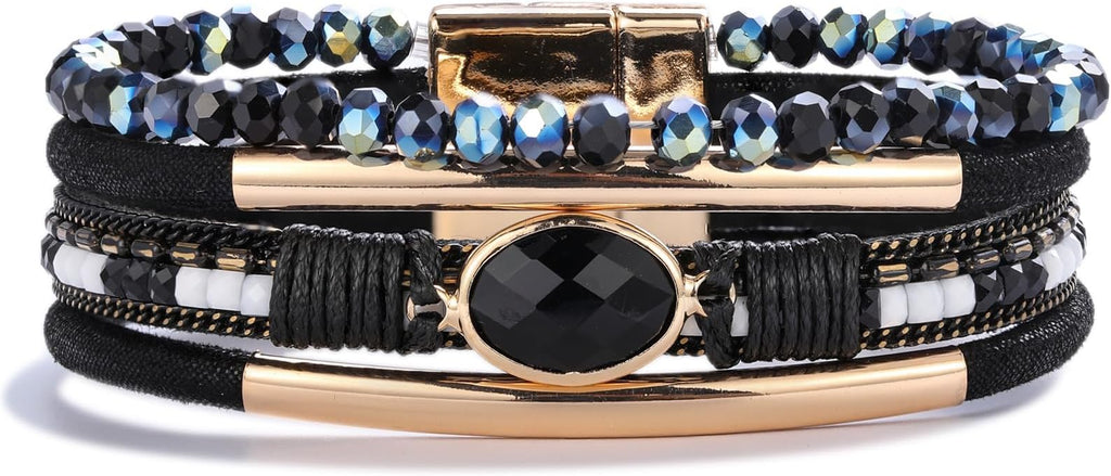 FANCY SHINY Leather Wrap Bracelets Crystal Beads Bracelet Boho Cuff Stone Charm Bracelets with Clasp Costume Jewelry for Women