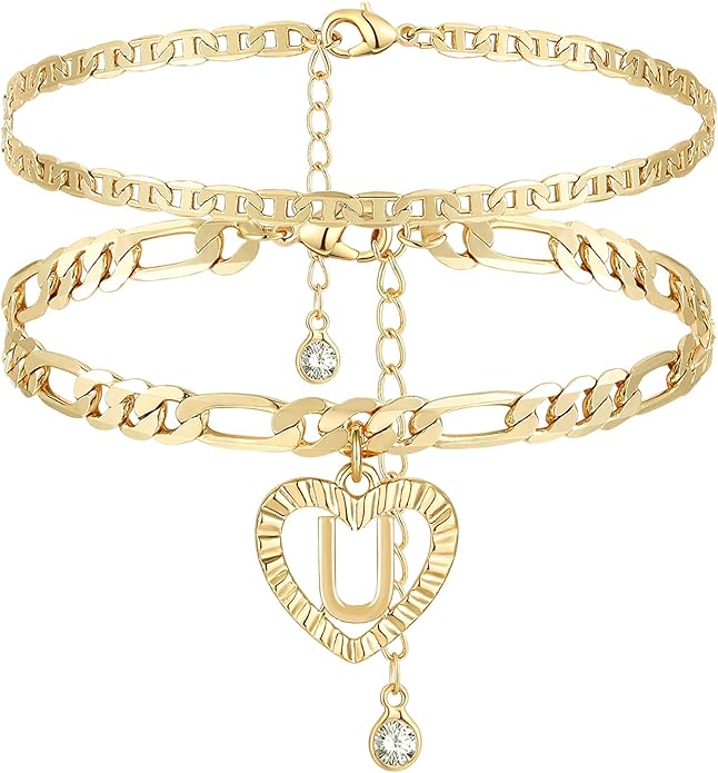 YANODA Initial Ankle Bracelets for Women 14K Gold Plated Layered Figaro Chain Letter Initial Anklets Handmade Layered Heart Ankle Bracelets Personalized Jewelry for Women