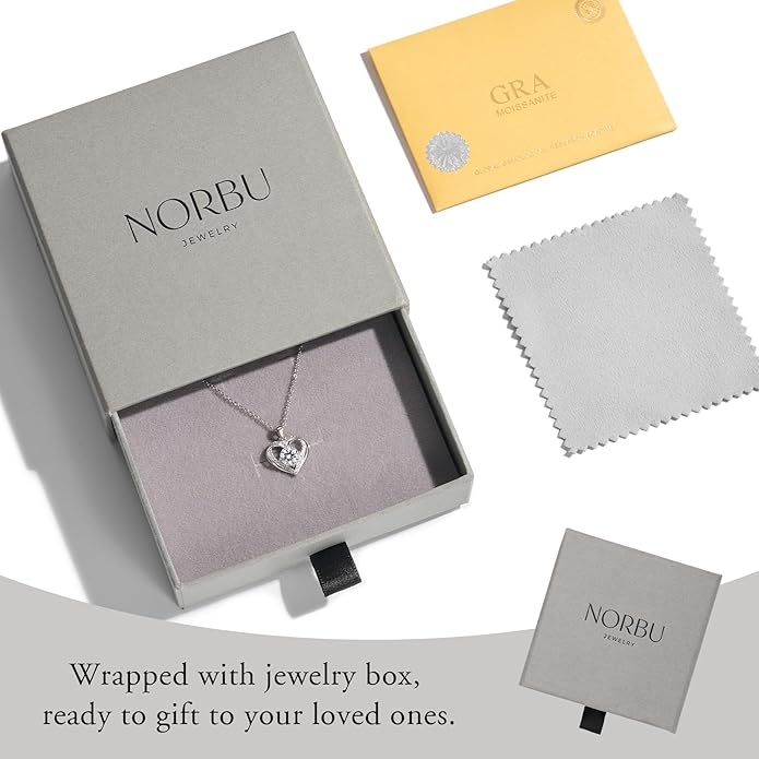 NORBU Moissanite Necklace for Women, 1 CT D Color VVS1 Clarity Round Cut, 925 Sterling Silver Heart Necklace with 18K White Gold Plated, Jewelry Gift for Wedding Anniversary Birthday Christmas Valentine's Day