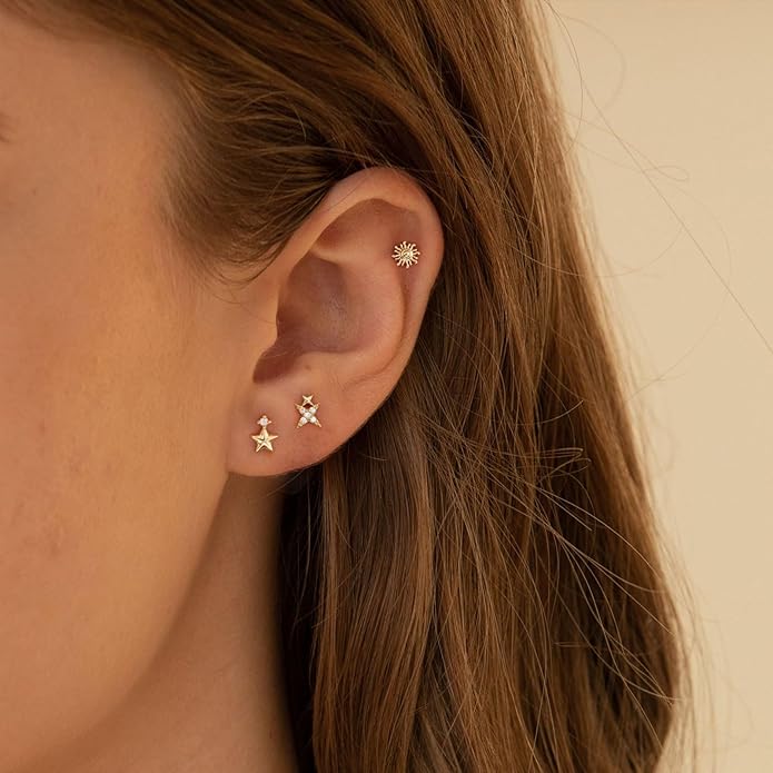 VRIUA 20G Tiny Flat Back Earrings for Women - 14K Gold/Silver Plated Small Flat Back Stud Earrings Hypoallergenic Cartilage Helix Piercing Jewelry