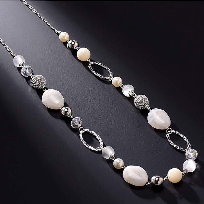 BULINLIN Beaded Long Necklace for Women Silver Sweater Chain Necklace with Crystal Resin Beads, Fashion Jewelry Necklace