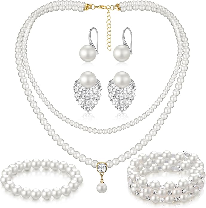 Glenmal Pearl Rhinestone Jewelry Set for Women Pearl Necklace Bracelet Earrings for Wedding Birthday Bridal Shower Tea Party